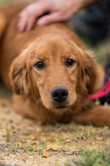Cachorro golden retriever recostado en el pasto